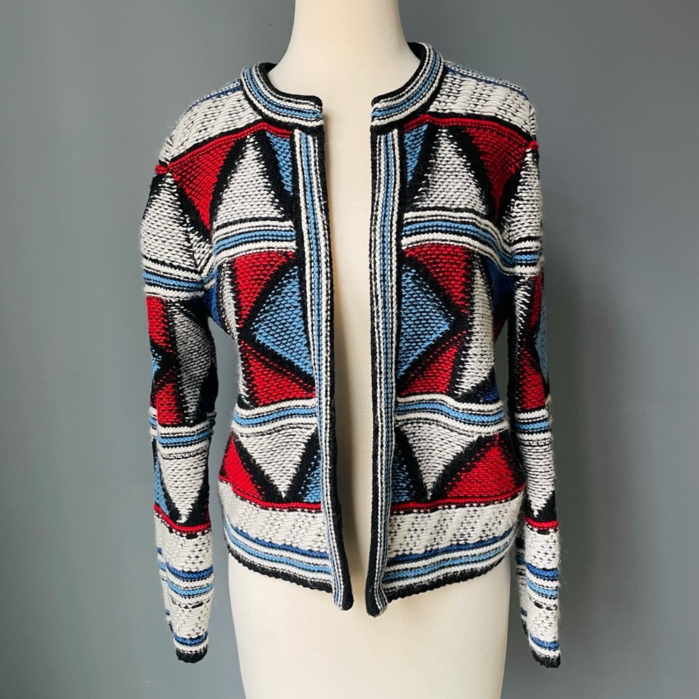 H&M L.O.G.G Wool Blend Open Cardigan Geometric Sz S